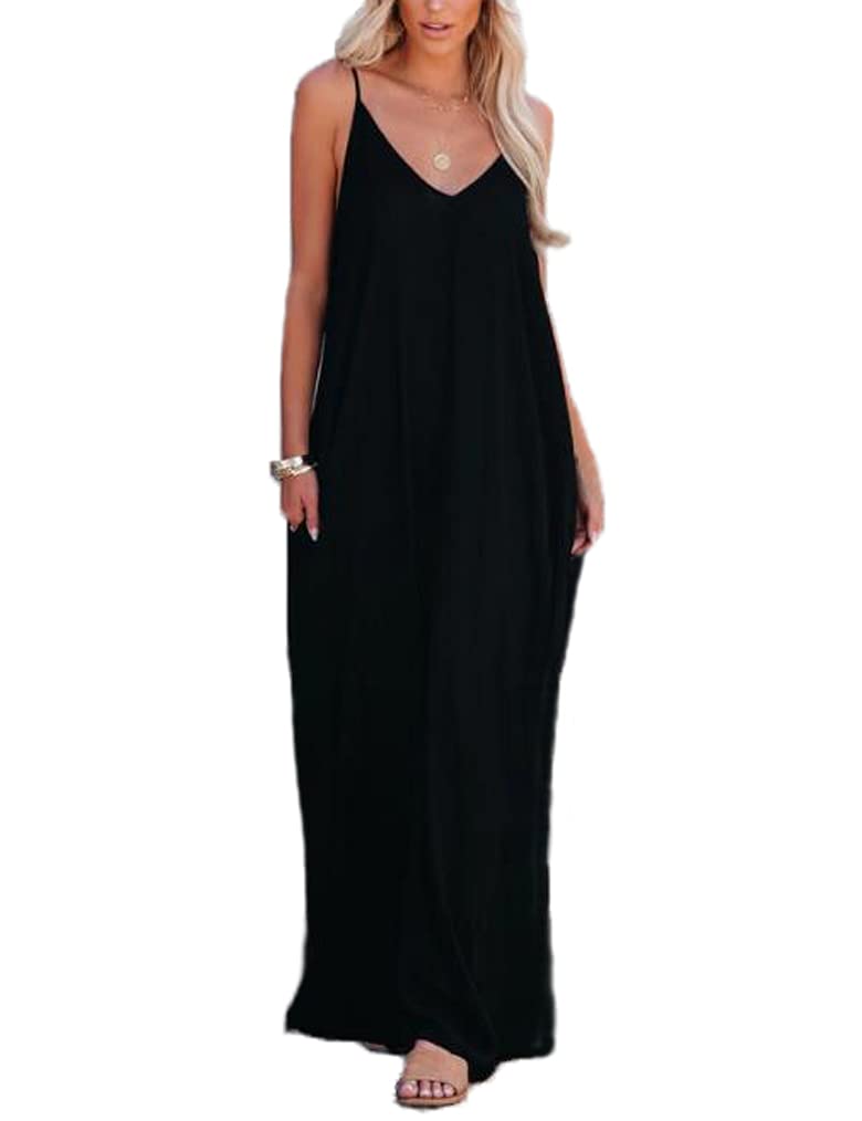 Poetsky Women's Loose Beach Dresses Casual Flowy Pockets Maxi Dress (M, Black) - Image 1